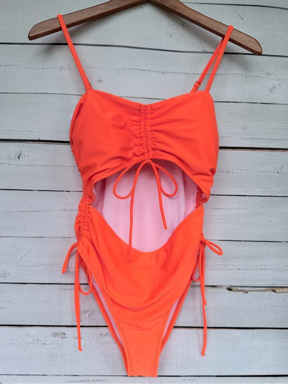 Neon Orange Ruched Cutout One Piece Swimsuit Monokini Size Large